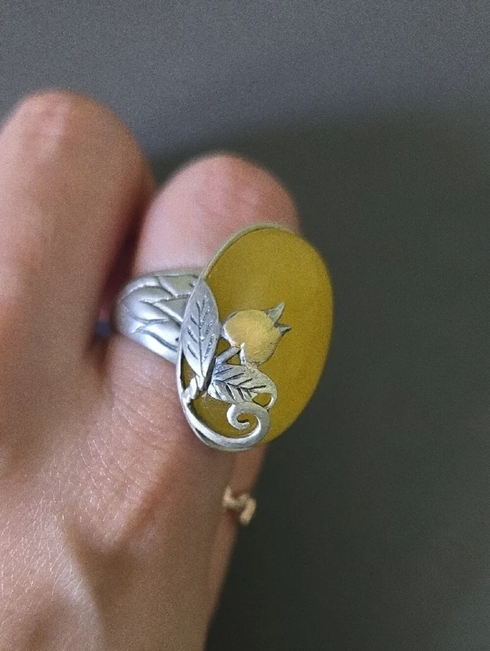 925 Stering Silver Customize Korean traditional Yellow Oval Statement Ring - Picture 4 of 5